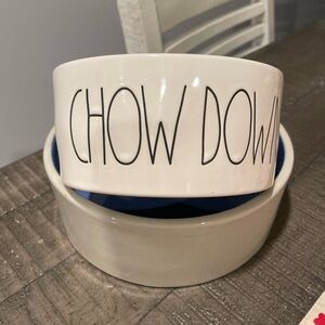 Ceramic Pet Dog Cat Dish Set - Rae Dunn ‘CHOW DOWN’ + blue / tan